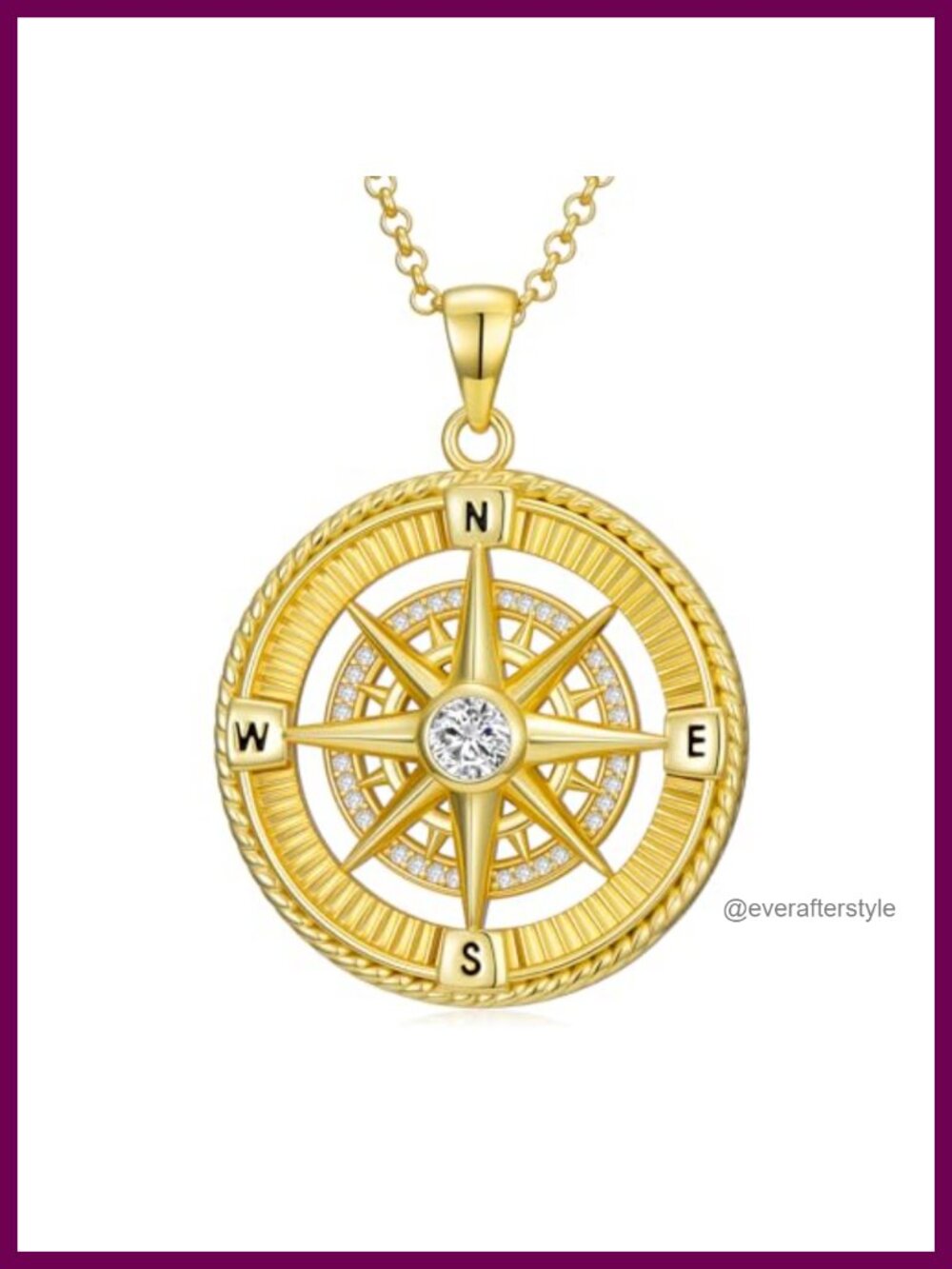 18K Gold Plated Compass Pendant Necklace with Cubic Zirconia
